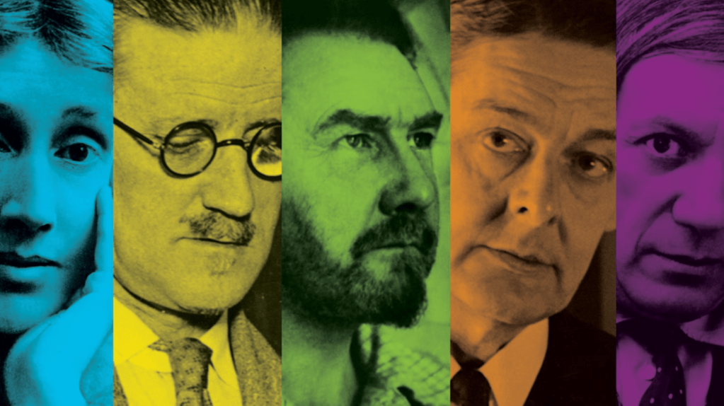 Variously tinted black and white photos of Virginia Woolf, James Joyce, Ezra Pound, T.S. Eliot, and Pablo Picasso, presented side by side 