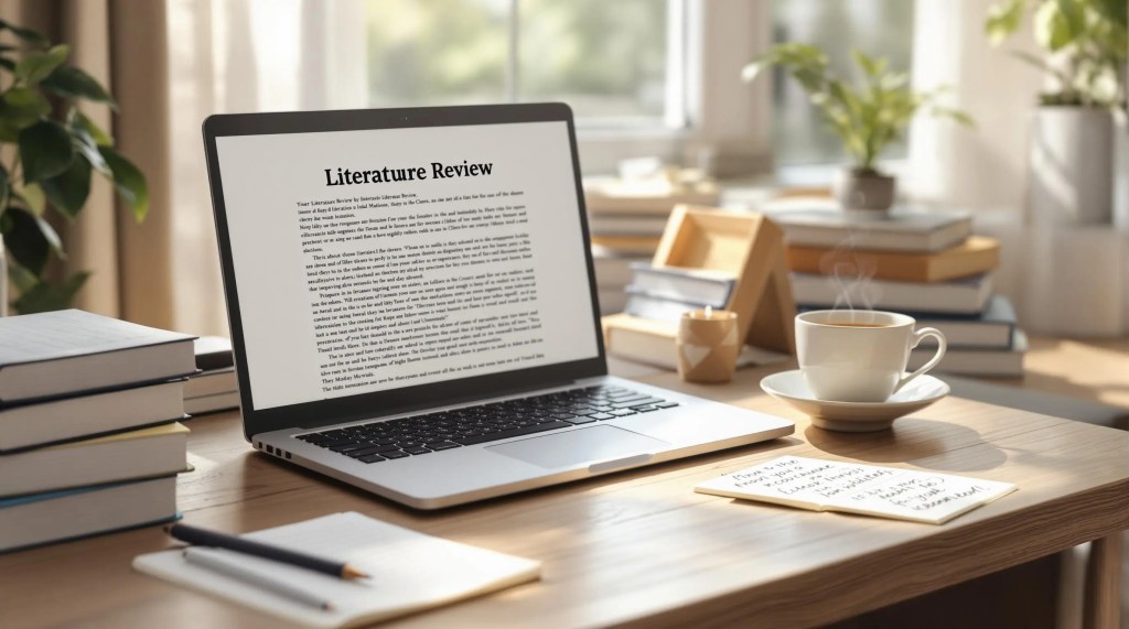 An open laptop with a screen displaying a literature review. There is a steaming cup of coffee to the left of the computer and piles of books around it.