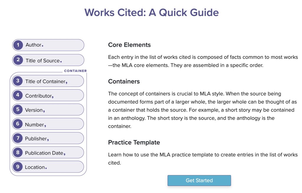 Screenshot of the MLA quick guide to Works Cited It includes 9 rounded buttons that list all possible containers: author, title of source, title of container, contributor, version, number, publisher, publication date, and location.