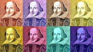 A block series of prints of engravings of Shakespeare. Each block print is tinted with a different color.