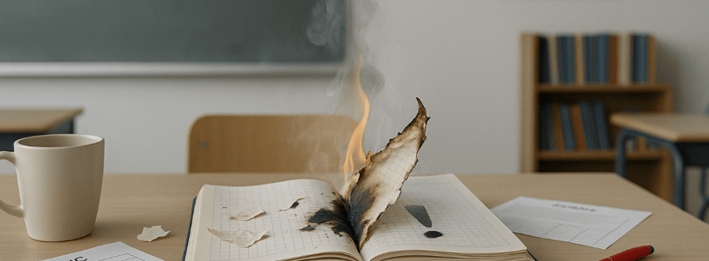 A notebook with graphing paper is on a desk, open. One of the pages is burning. A biege coffee cup is to the left. 
