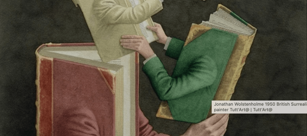 Surreal painting of a book with a human arm and hands holding another, smaller book, with human arms and hands, which is holding an even smaller book with human arms and hands